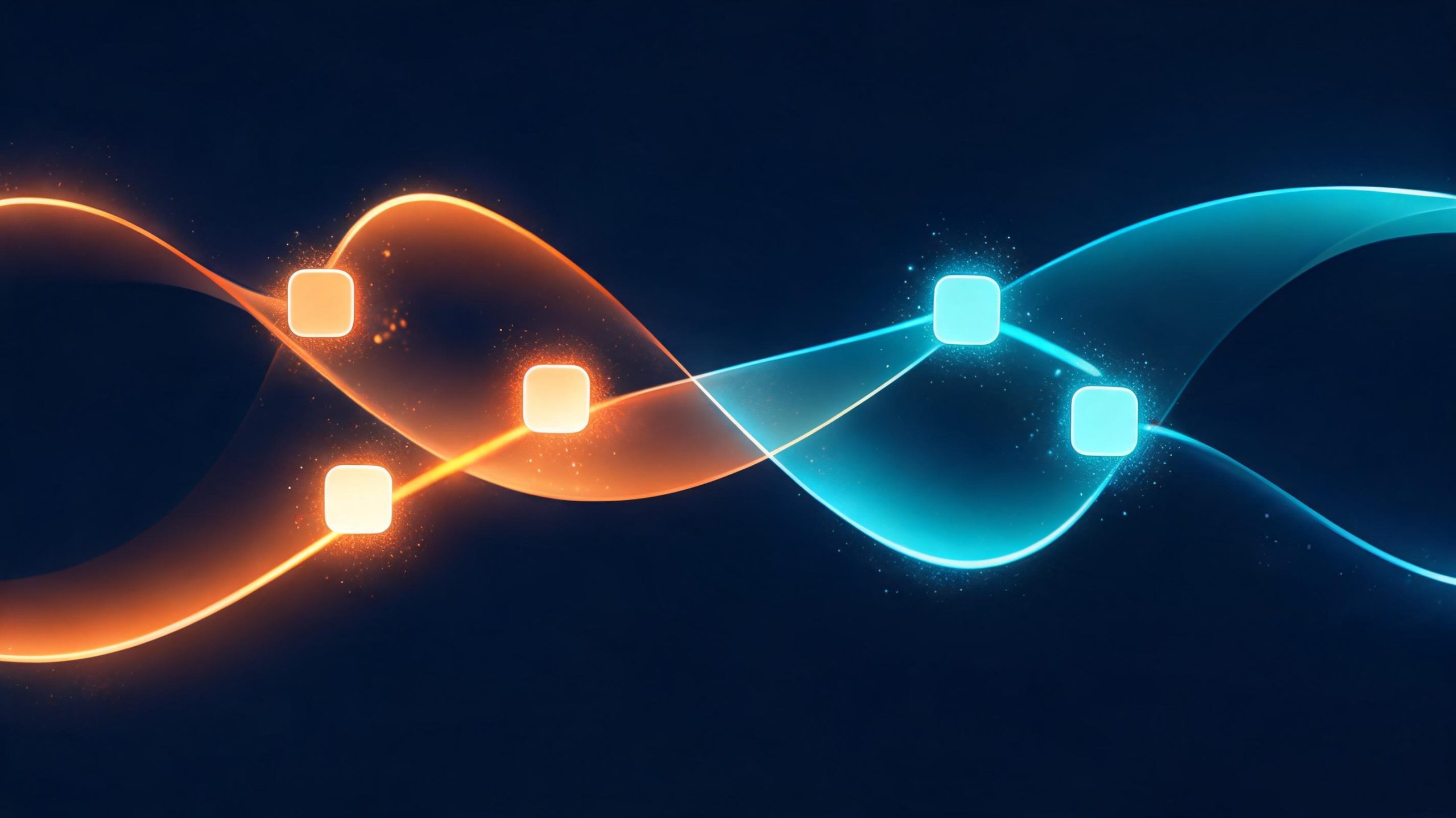 Abstract glowing orange and cyan data wave streams with luminous nodes on deep navy background, representing multi-model LLM data integration flow